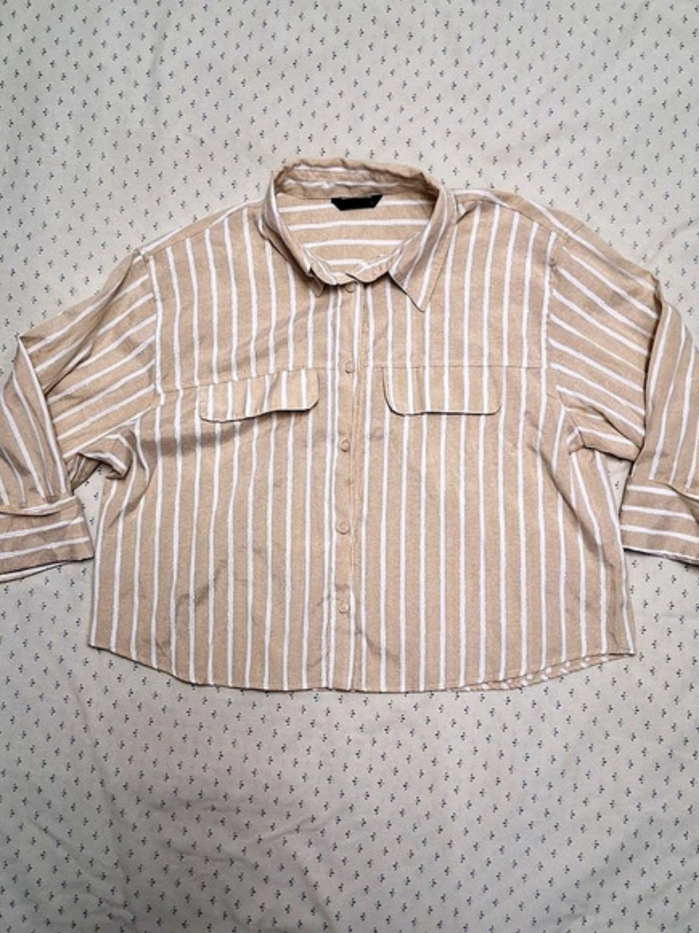 Zara Striped Metallic Thread Cropped Button-Down Shirt Beige & White